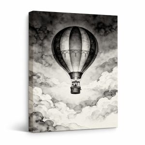 Vintage Hot Air Balloon Framed Canvas Wall Art | Monochrome Cloudscape