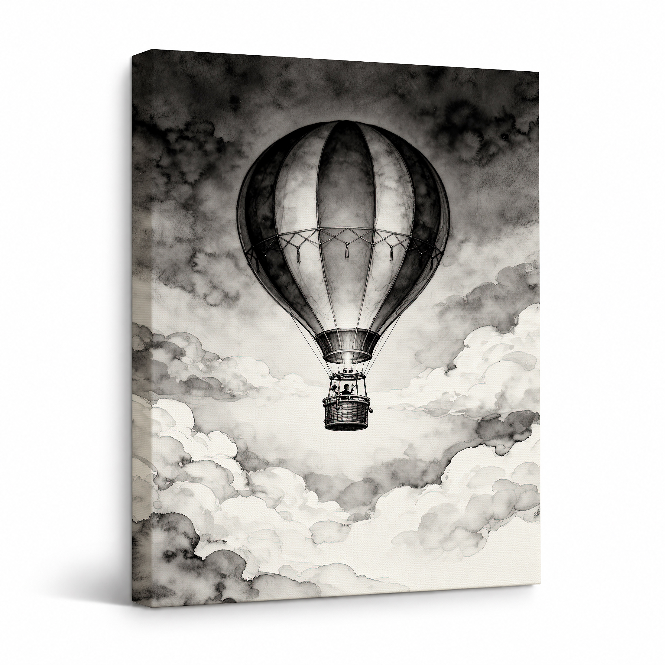 Vintage Hot Air Balloon Framed Canvas Wall Art | Monochrome Cloudscape