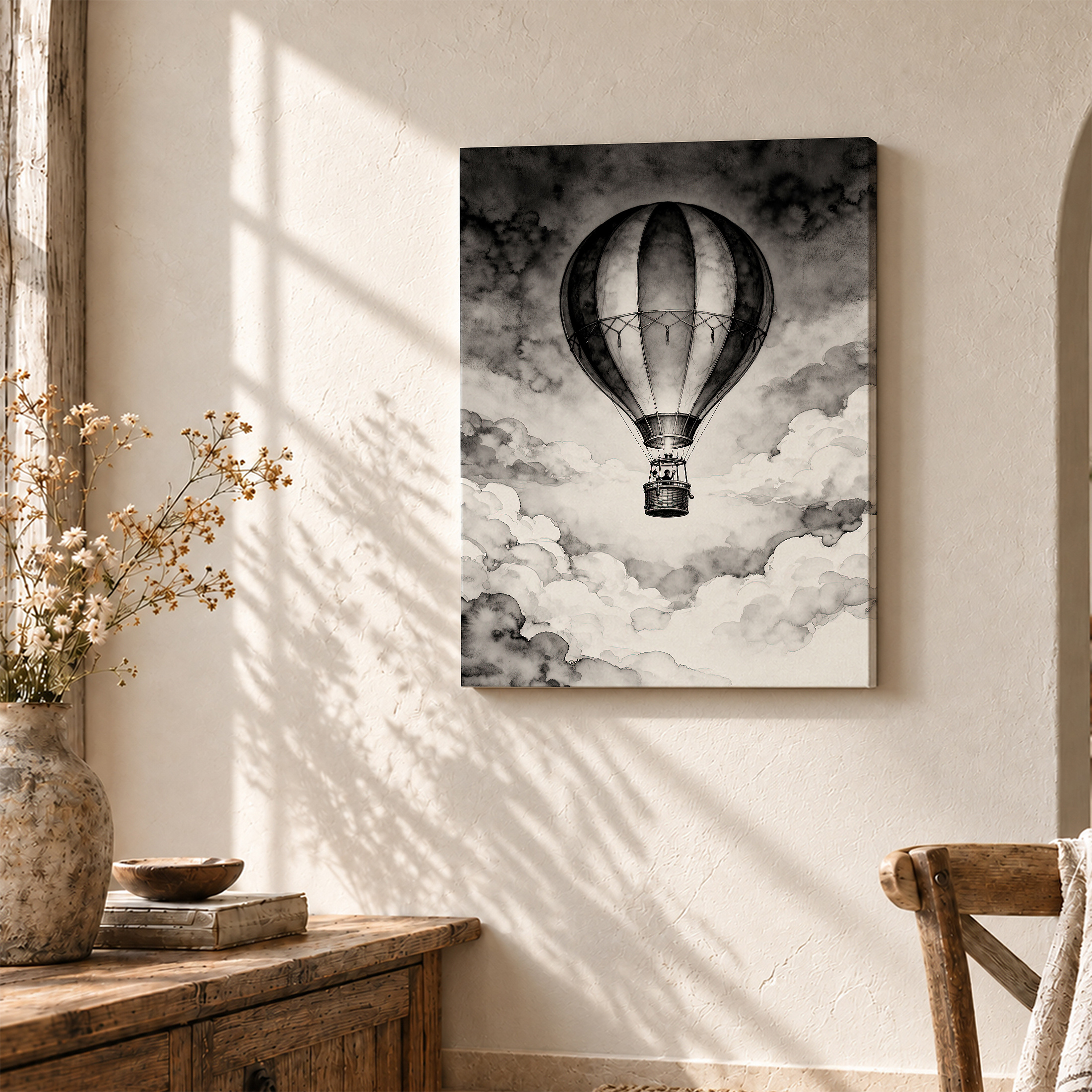 Vintage Hot Air Balloon Framed Canvas Wall Art | Monochrome Cloudscape - Image 3