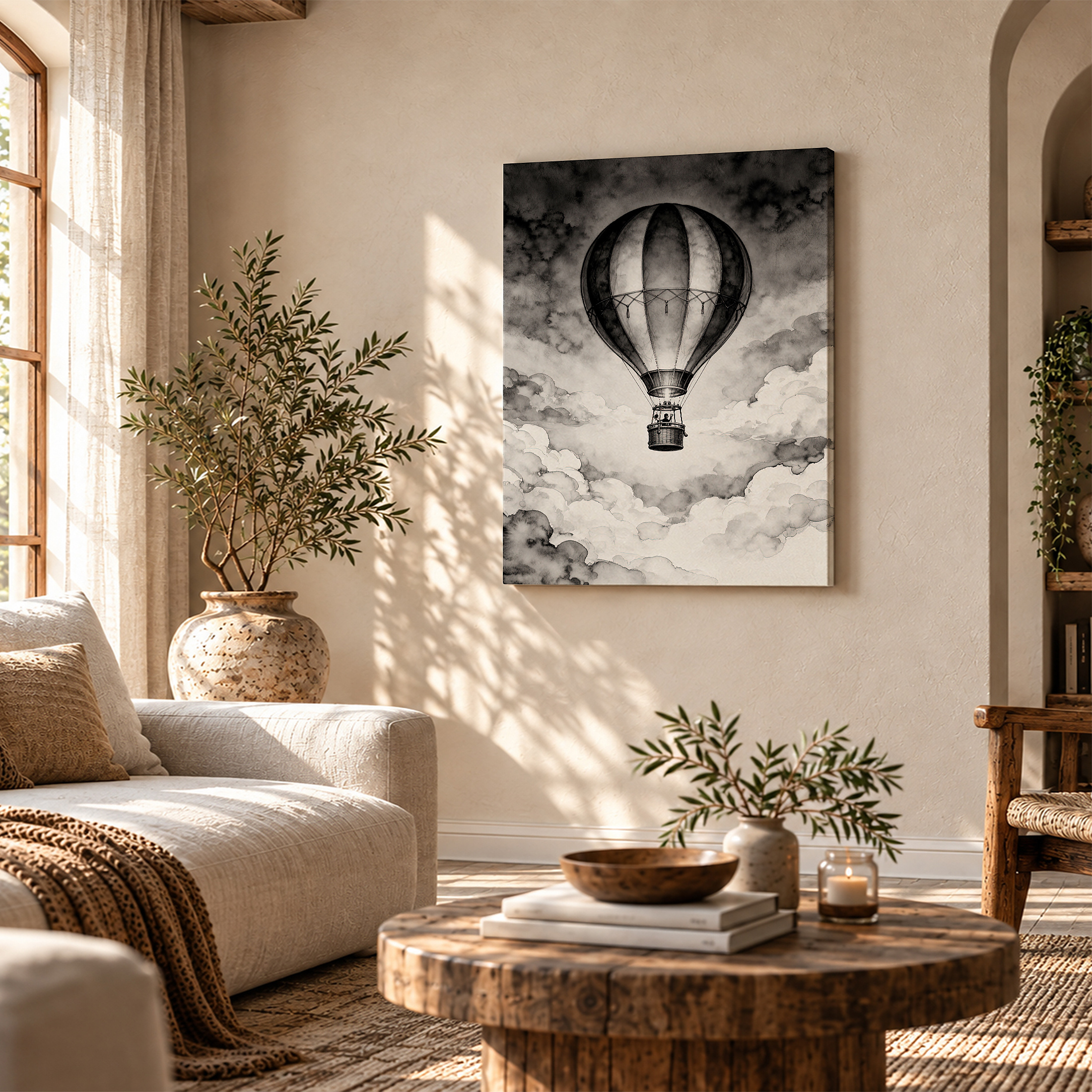 Vintage Hot Air Balloon Framed Canvas Wall Art | Monochrome Cloudscape - Image 4