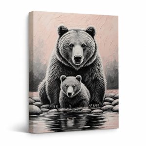 Bear Family by River Framed Canvas Wall Art - Ready to Hang