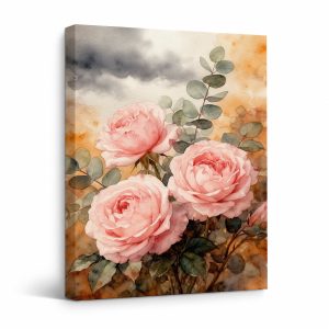 Pink Roses Watercolor Framed Canvas Wall Art Ready to Hang