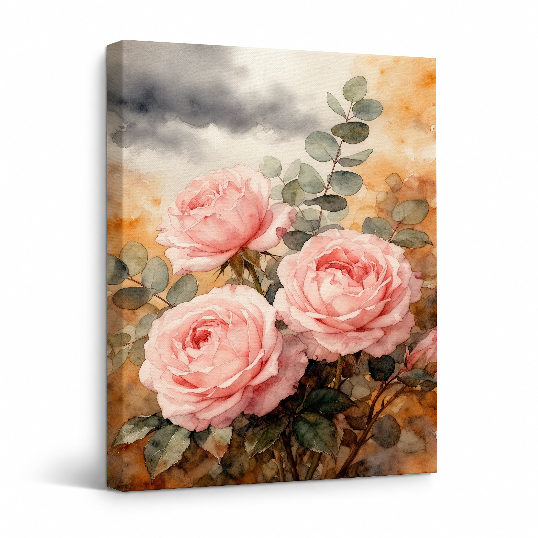 Pink Roses Watercolor Framed Canvas Wall Art Ready to Hang