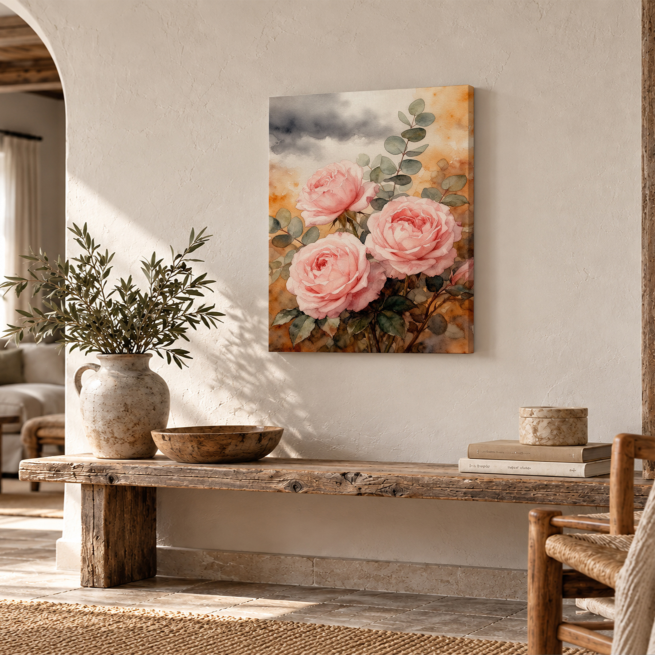 Pink Roses Watercolor Framed Canvas Wall Art Ready to Hang - Image 2