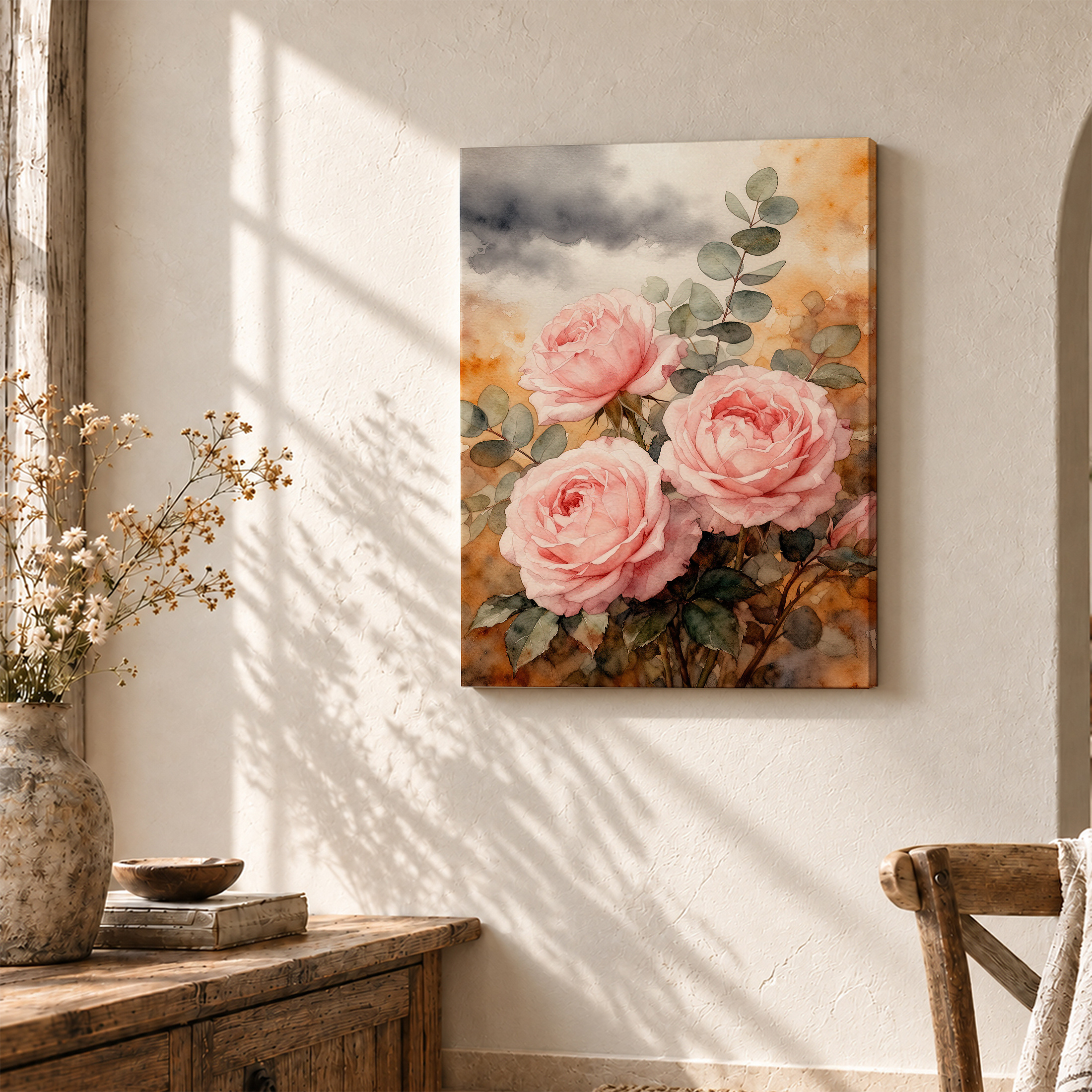 Pink Roses Watercolor Framed Canvas Wall Art Ready to Hang - Image 3