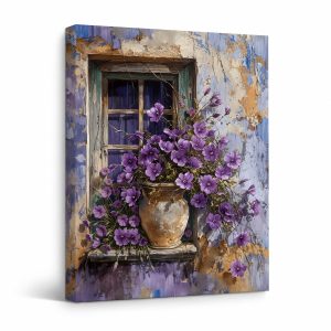 Vintage Window Purple Flowers Framed Canvas Wall Art
