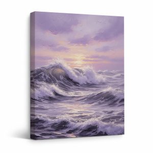Purple Sunset Ocean Wave Framed Canvas Wall Art - Ready to Hang