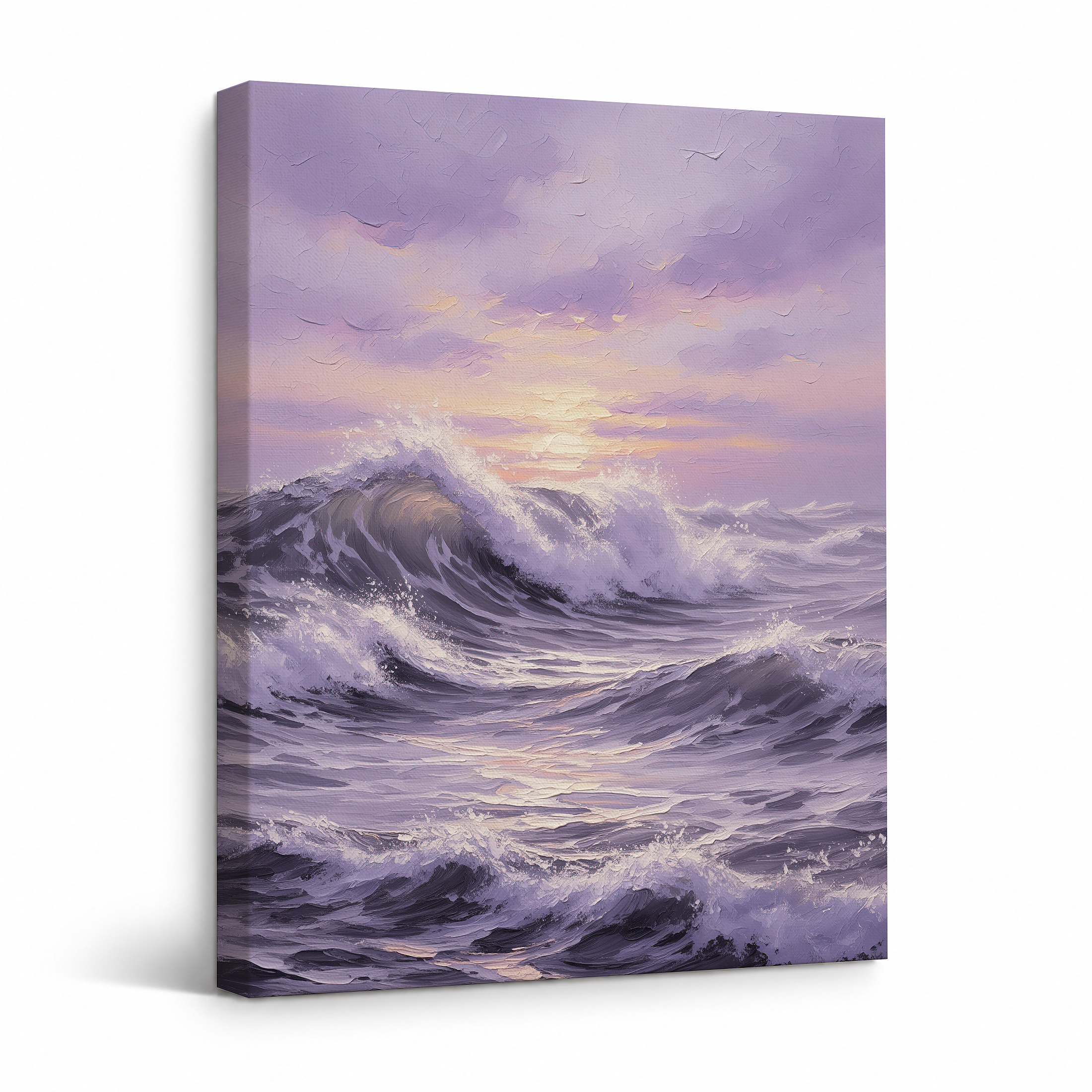 Purple Sunset Ocean Wave Framed Canvas Wall Art - Ready to Hang