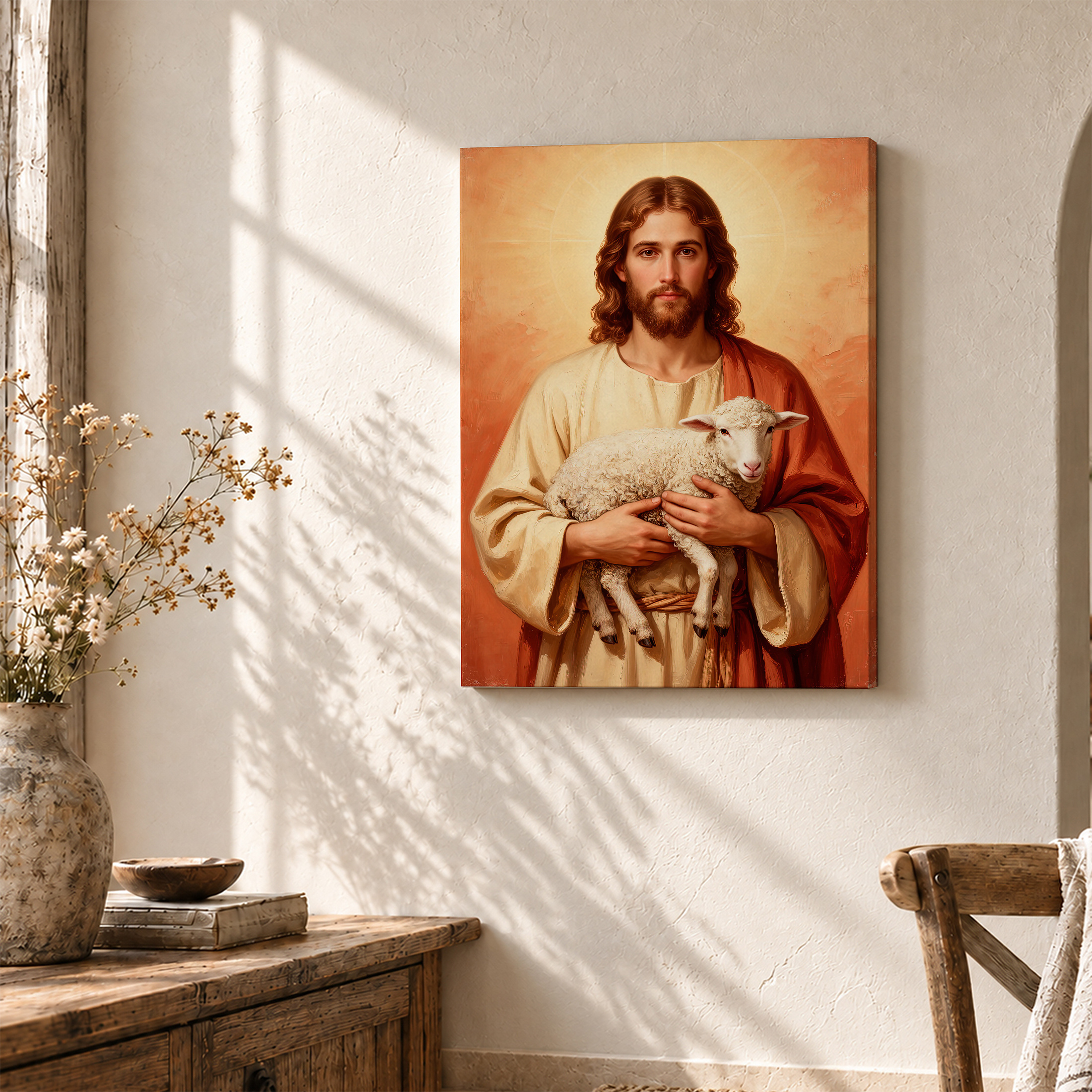 Jesus with Lamb Christian Religious Framed Canvas Wall Art - Image 3