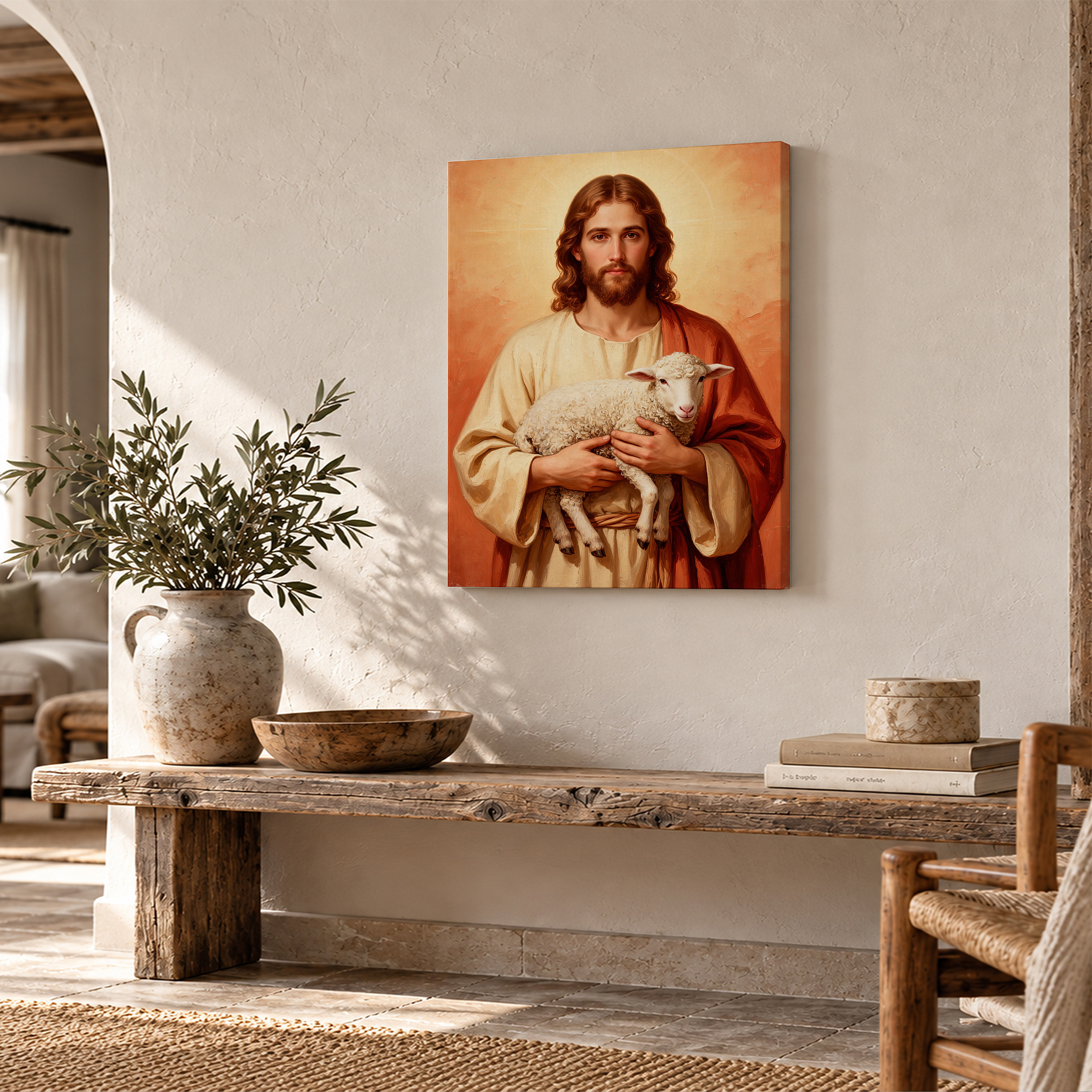 Jesus with Lamb Christian Religious Framed Canvas Wall Art - Image 2