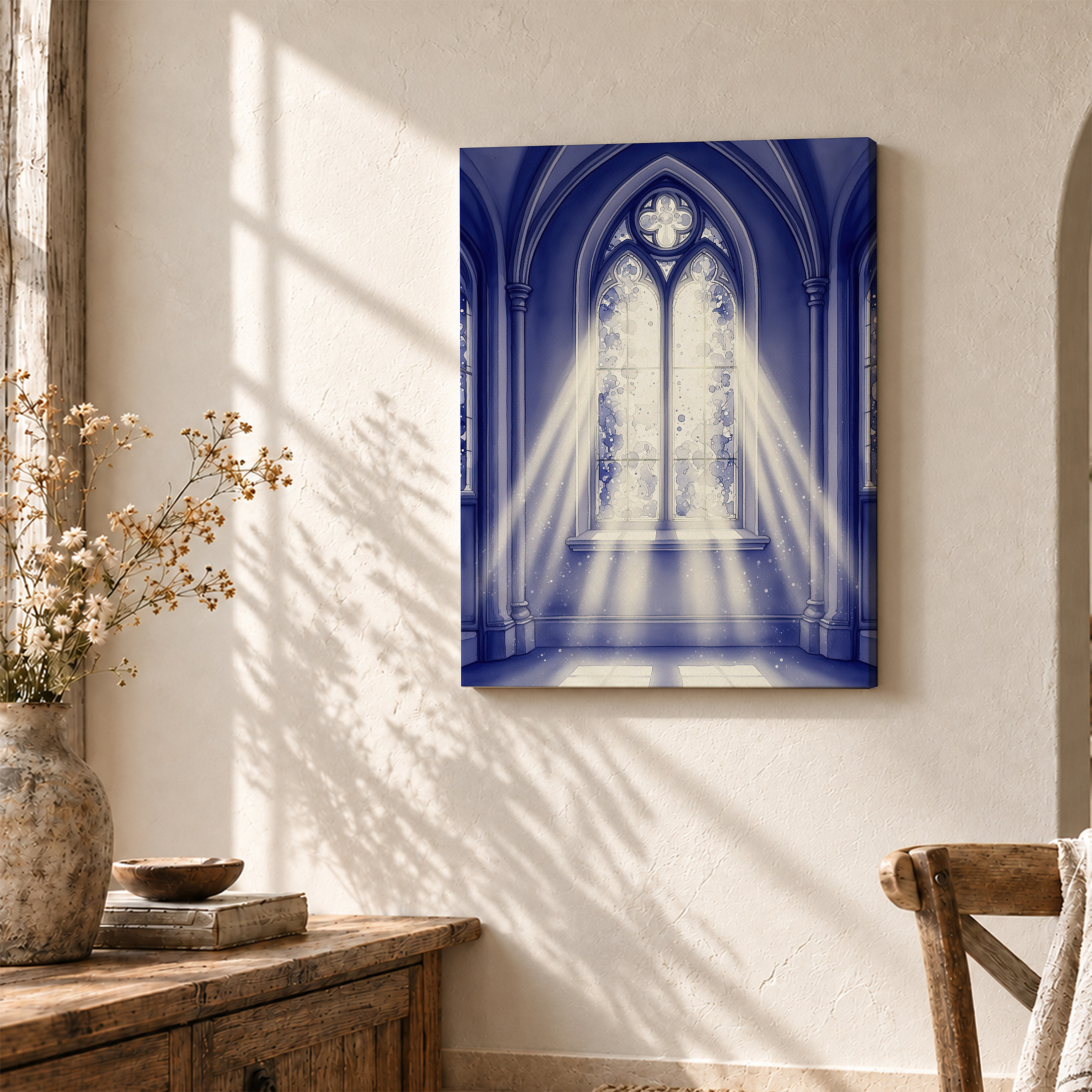 Gothic Cathedral Window Blue Light Framed Canvas Wall Art - Image 3