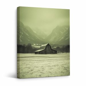 Winter Barn Landscape Framed Canvas Wall Art - Serene Mountain Farm Scene