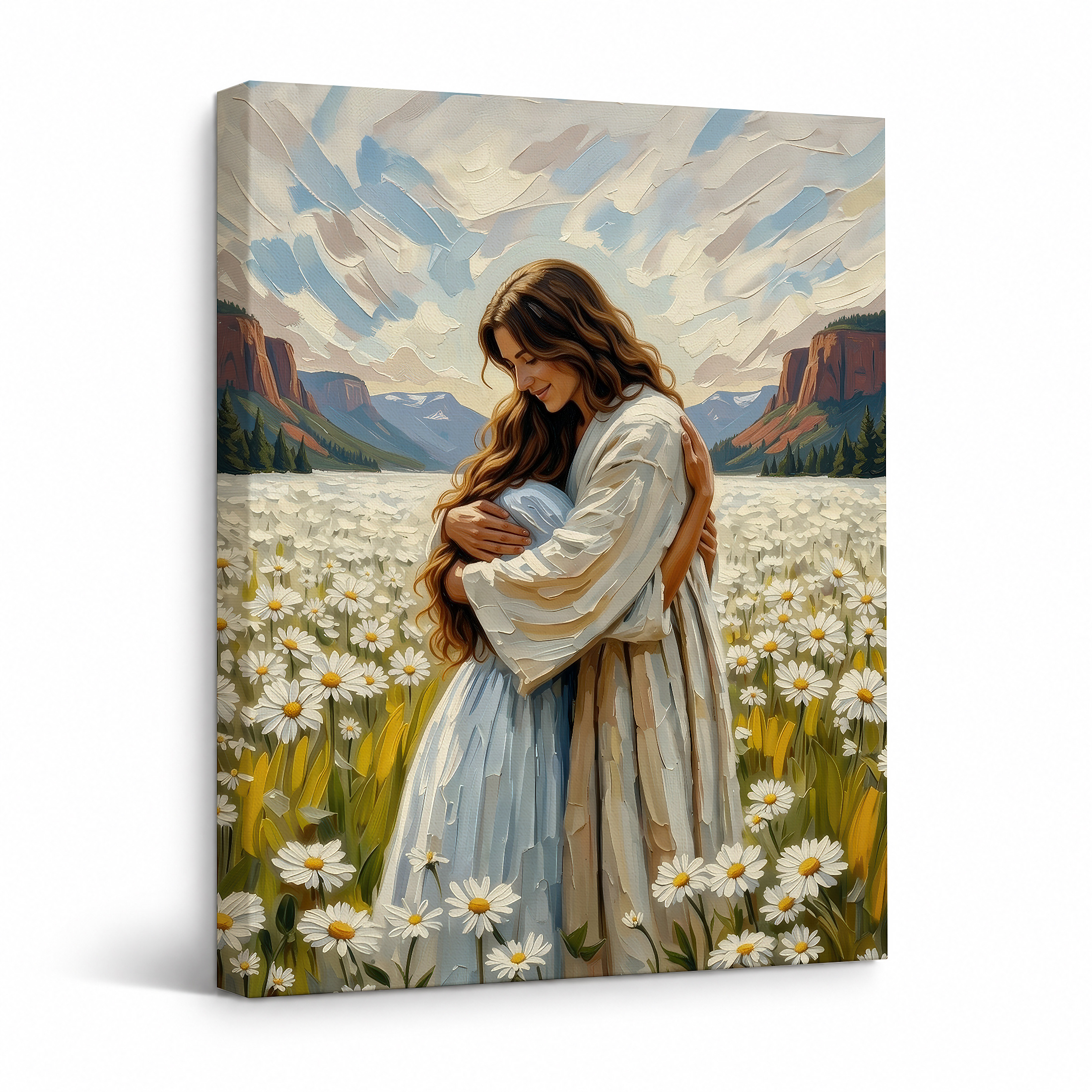 Serene Mountain Daisy Embrace Framed Canvas Wall Art - Ready to Hang