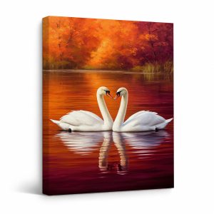 Autumn Swans Heart Framed Canvas Wall Art - Ready to Hang