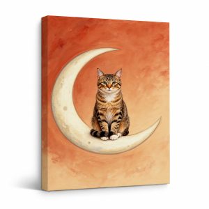 Crescent Moon Tabby Cat Framed Canvas Wall Art - Ready to Hang