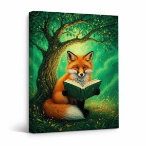 Enchanted Forest Fox Reading Book Framed Canvas Wall Art