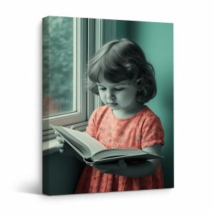 Serene Child Reading by Window Framed Canvas Wall Art