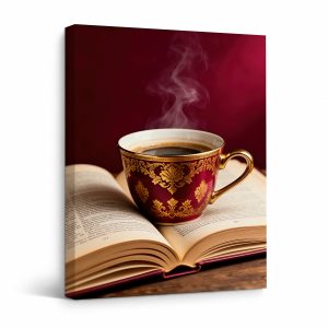 Steaming Coffee & Book Framed Canvas Wall Art