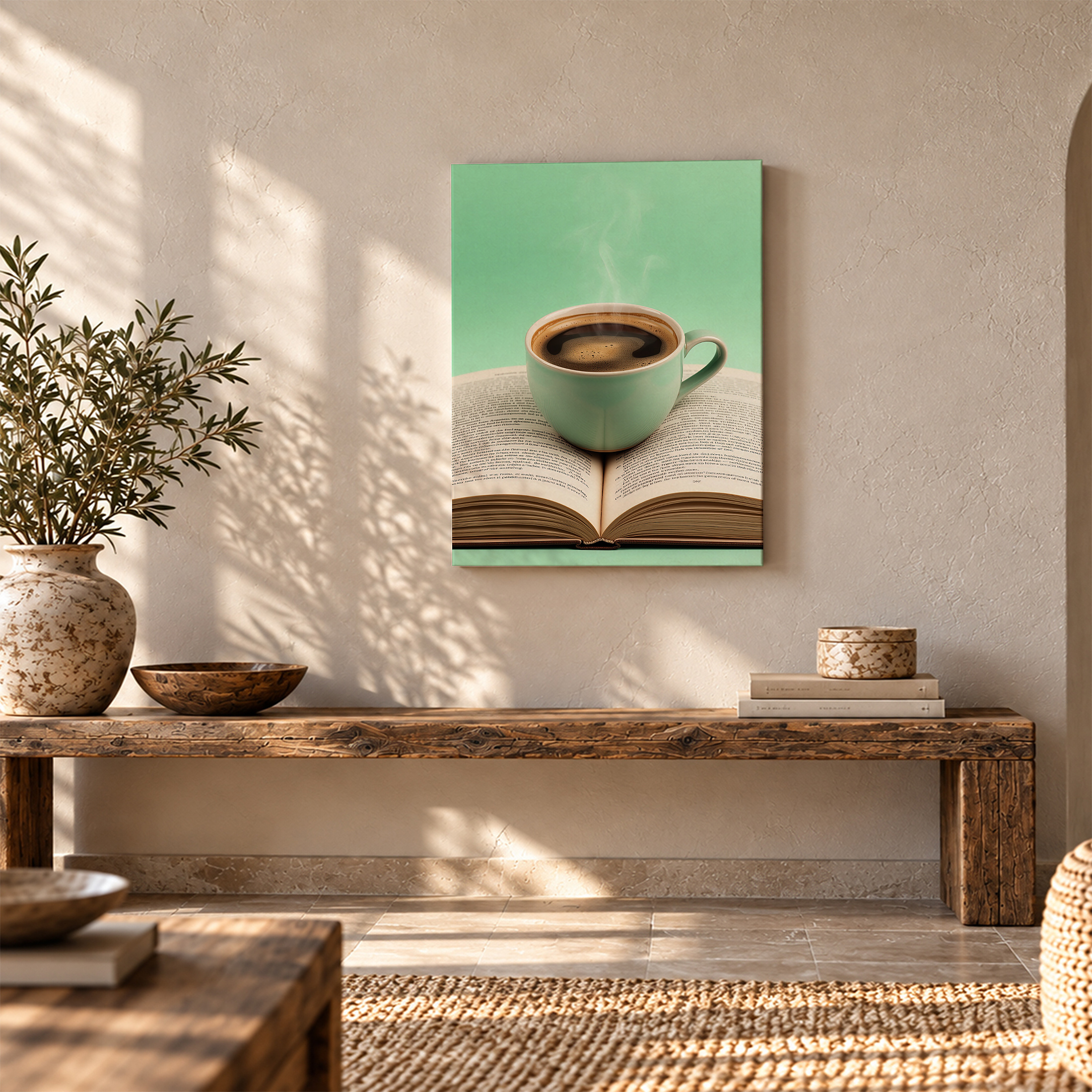 Coffee Mug on Book Framed Canvas Wall Art - Mint Green Cozy Decor - Image 5