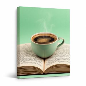 Coffee Mug on Book Framed Canvas Wall Art - Mint Green Cozy Decor