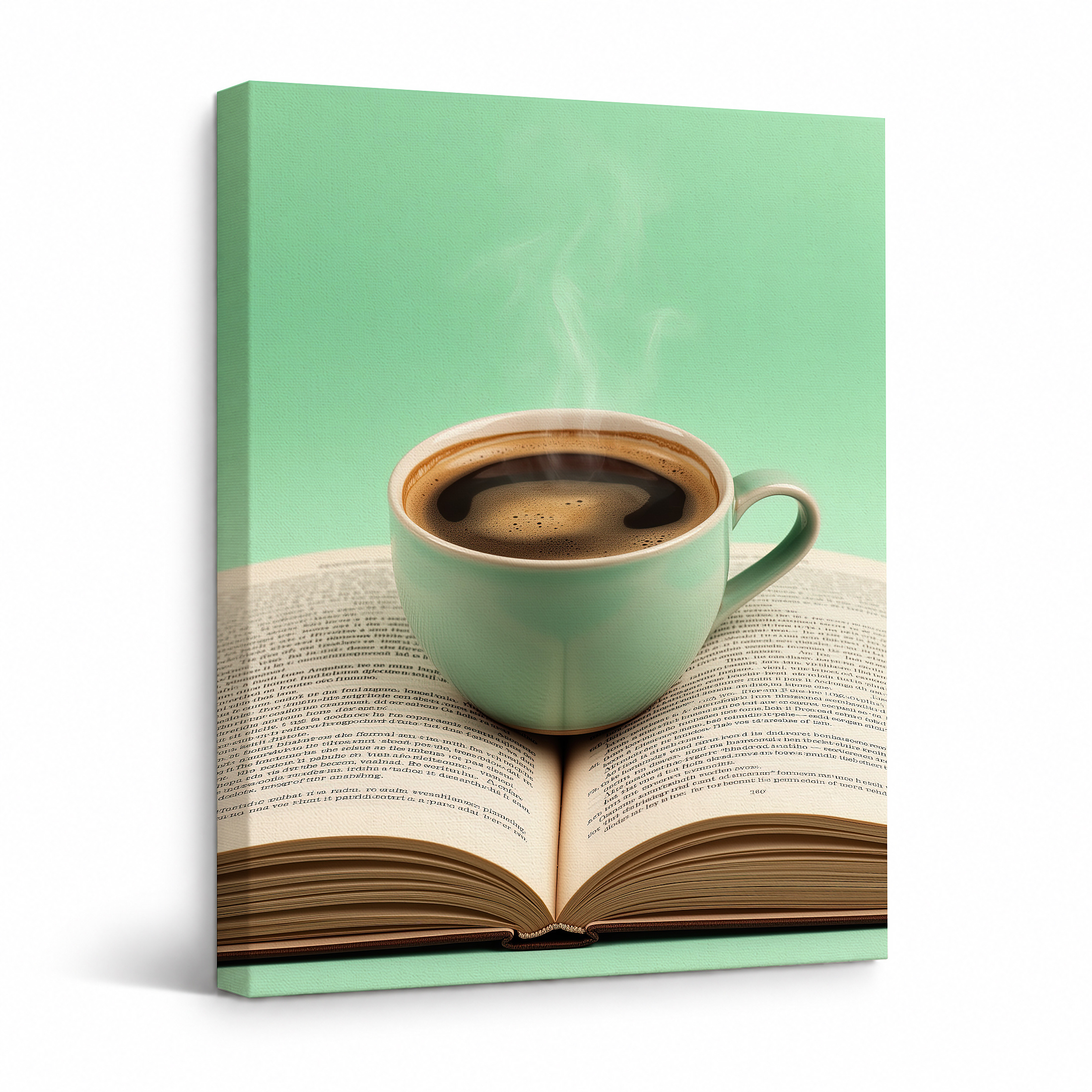 Coffee Mug on Book Framed Canvas Wall Art - Mint Green Cozy Decor
