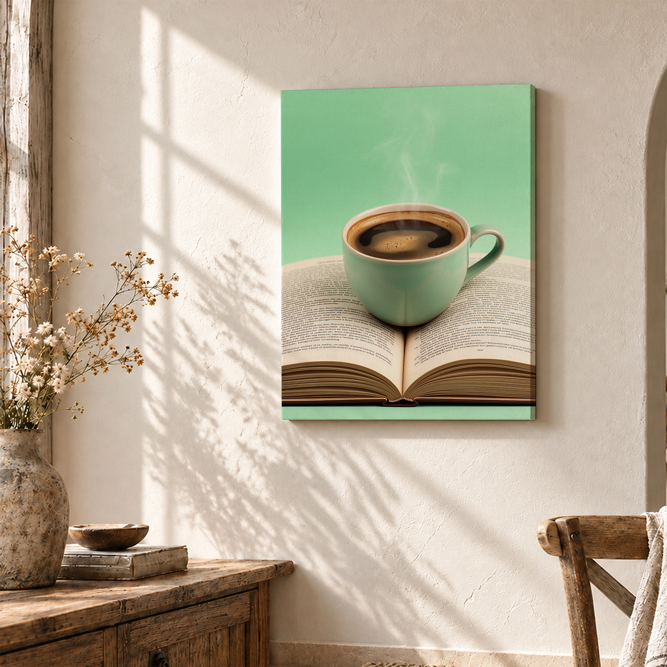 Coffee Mug on Book Framed Canvas Wall Art - Mint Green Cozy Decor - Image 3