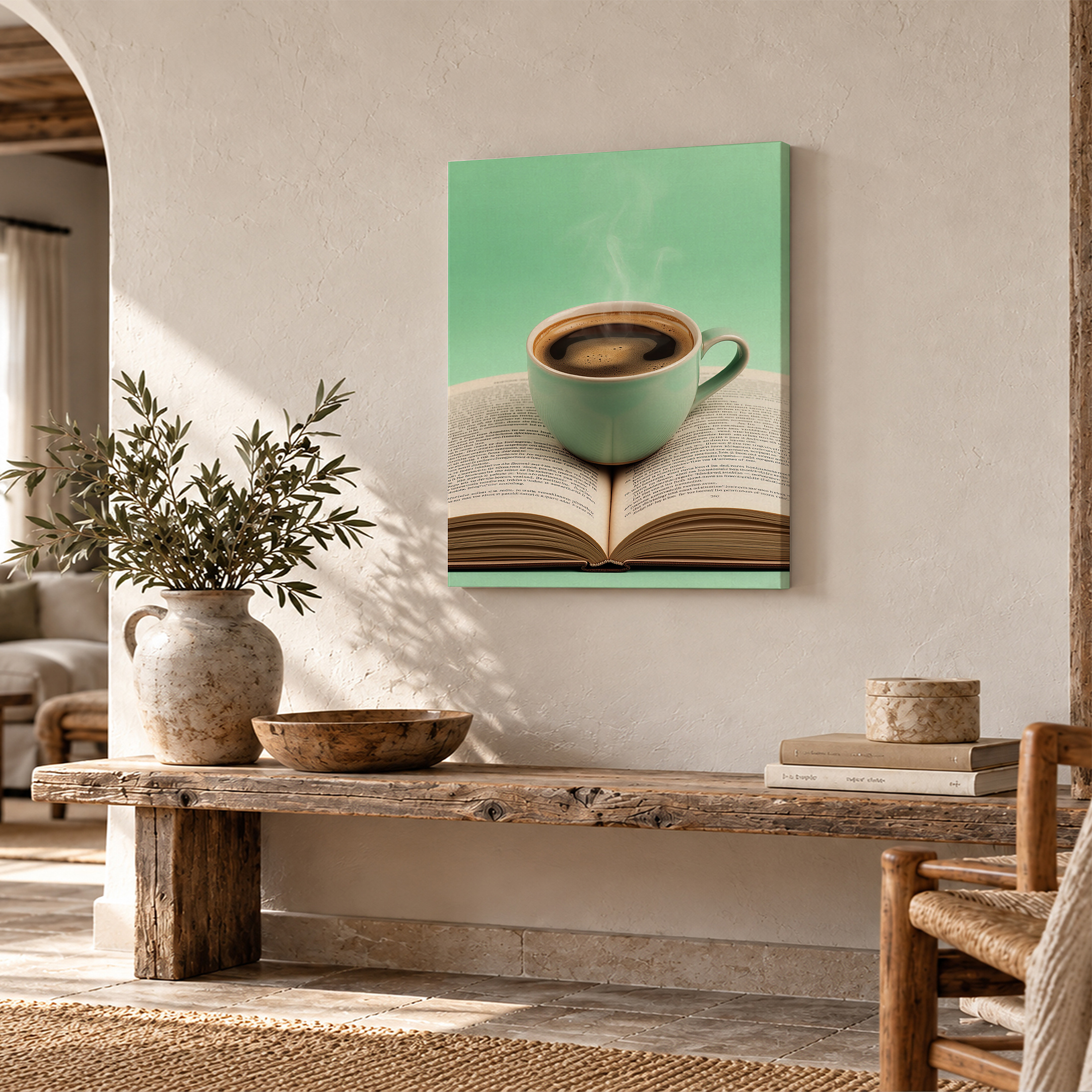 Coffee Mug on Book Framed Canvas Wall Art - Mint Green Cozy Decor - Image 2