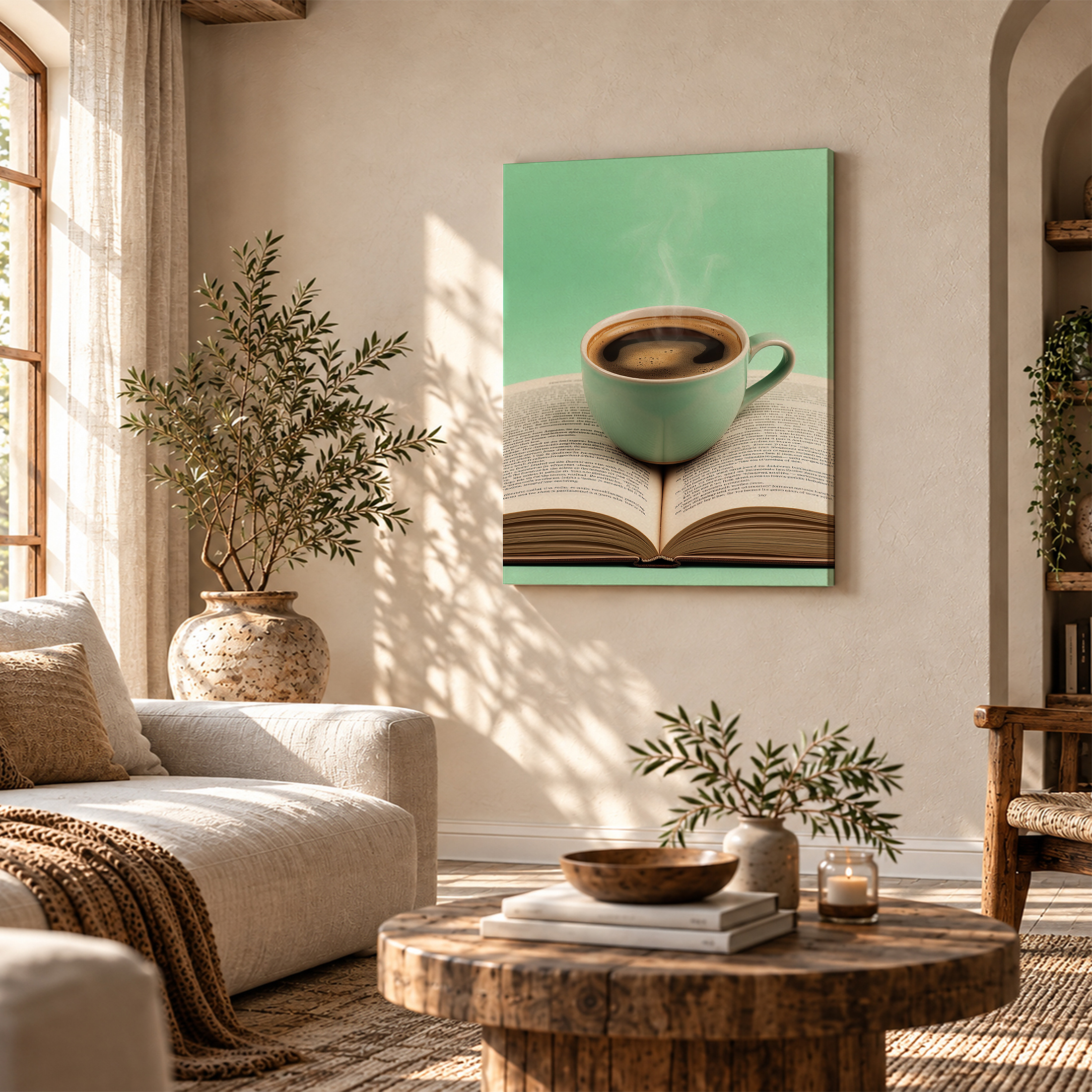 Coffee Mug on Book Framed Canvas Wall Art - Mint Green Cozy Decor - Image 4