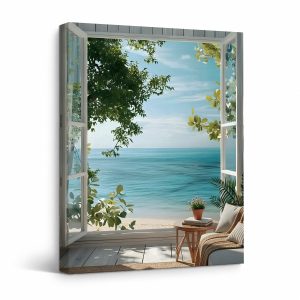 Ocean View Through Window Framed Canvas Wall Art - Ready to Hang