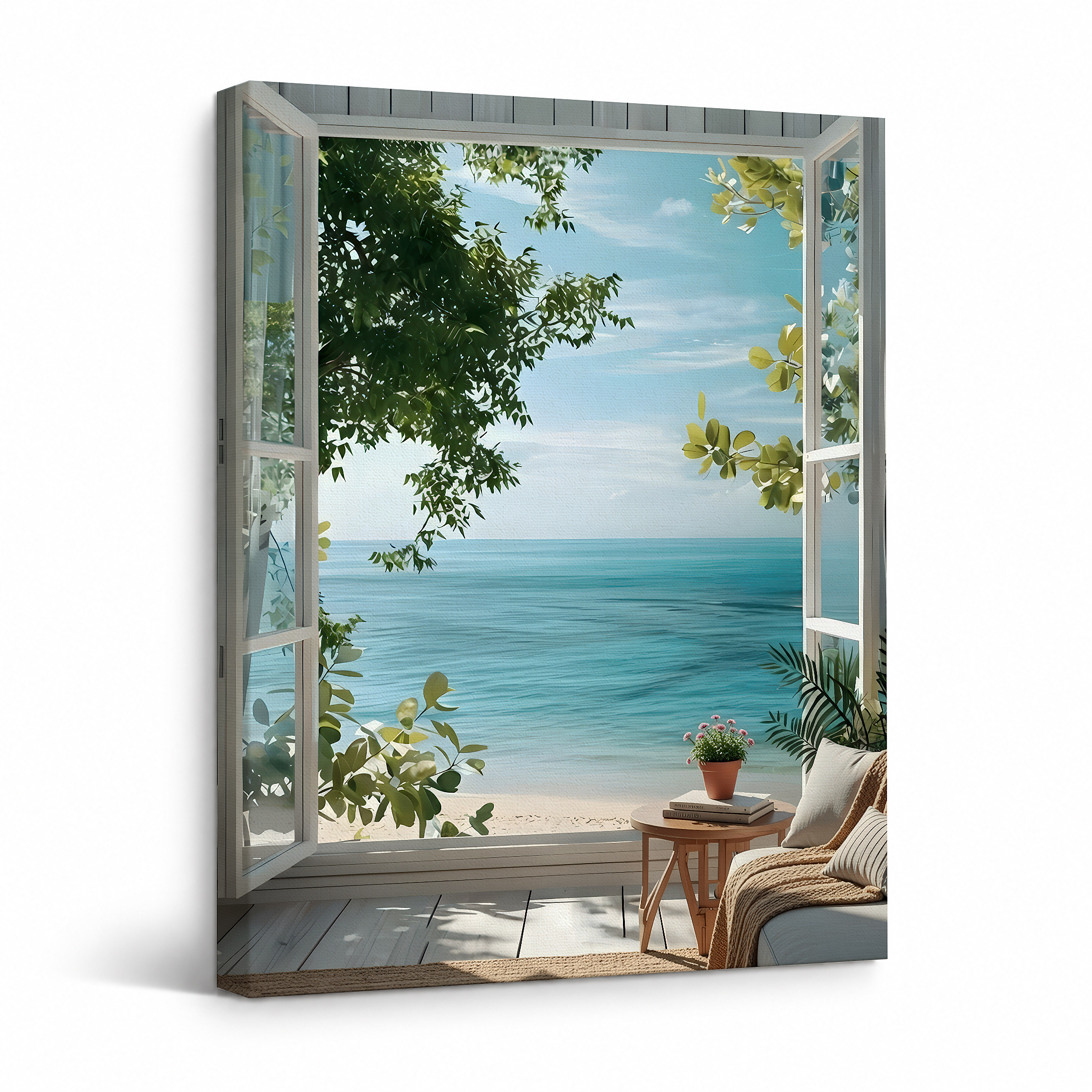 Ocean View Through Window Framed Canvas Wall Art - Ready to Hang