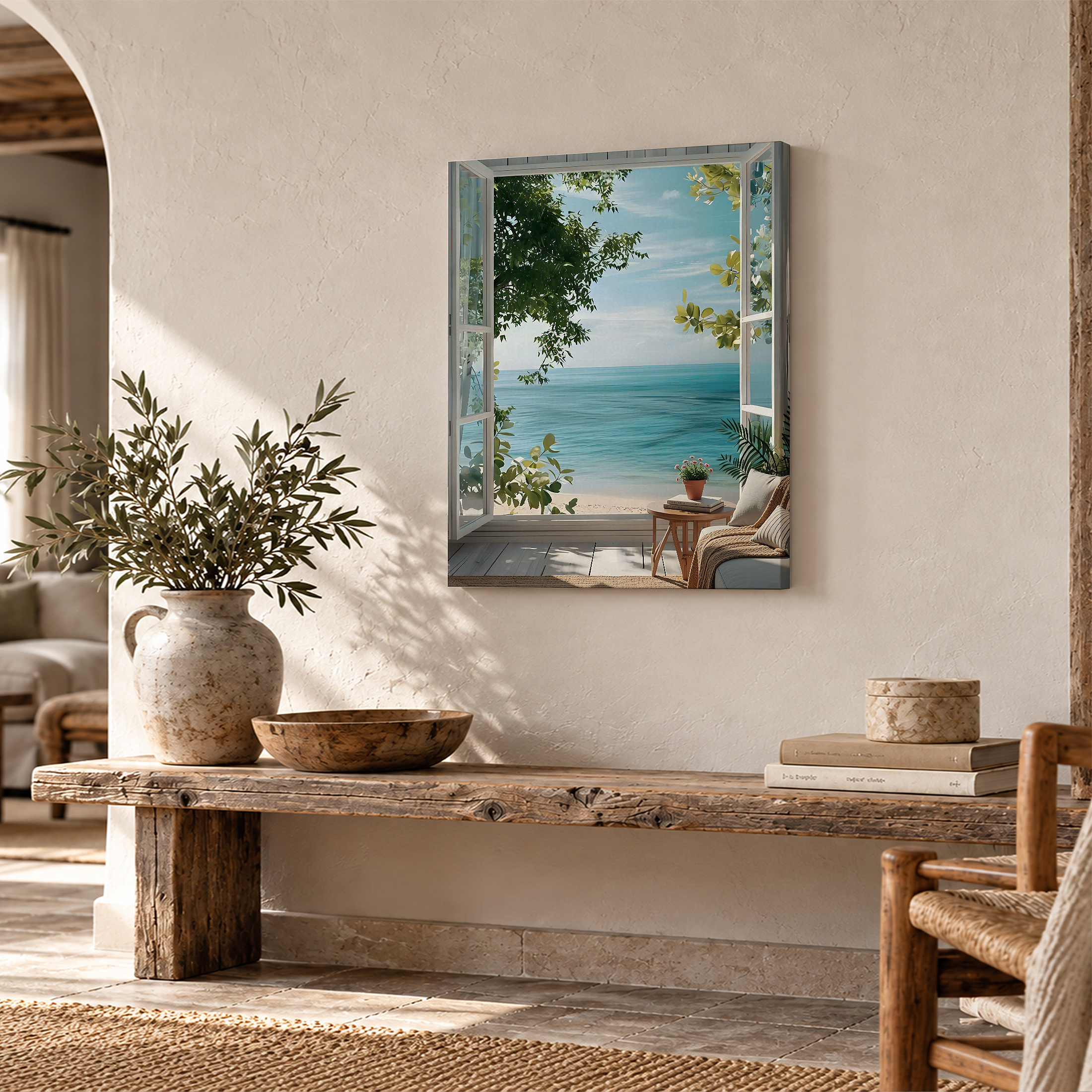 Ocean View Through Window Framed Canvas Wall Art - Ready to Hang - Image 2