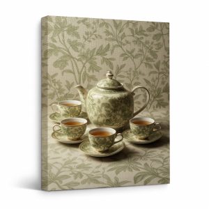 Vintage Botanical Tea Set Framed Canvas Wall Art - Ready to Hang