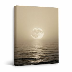 Full Moon Over Ocean Serene Sepia Framed Canvas Wall Art