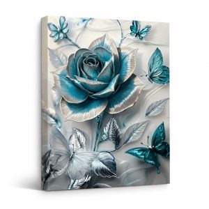 Blue Rose & Butterfly 3D Embossed Framed Canvas Wall Art