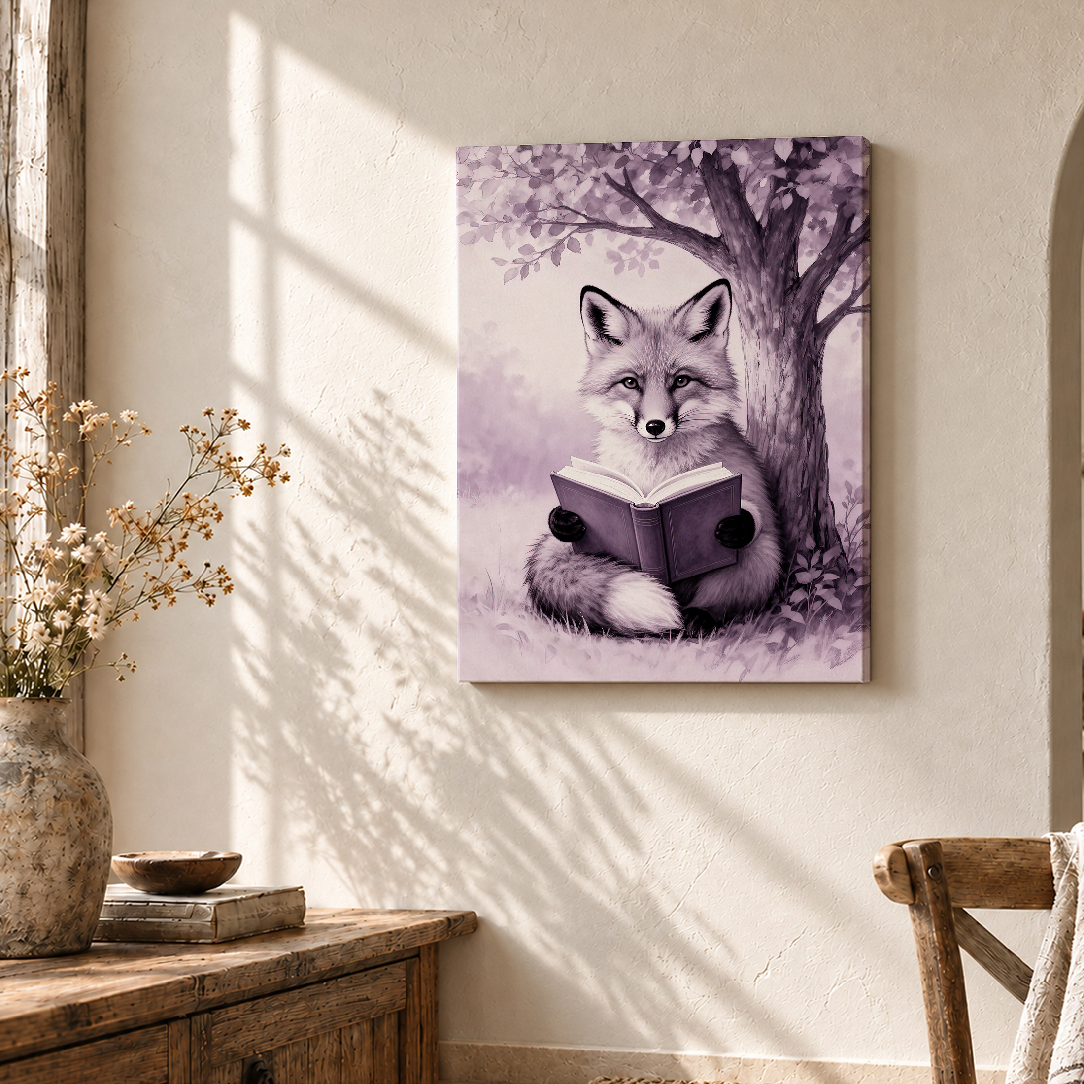 Whimsical Fox Reading Under Tree Framed Canvas Wall Art - Ready to Hang - Image 3