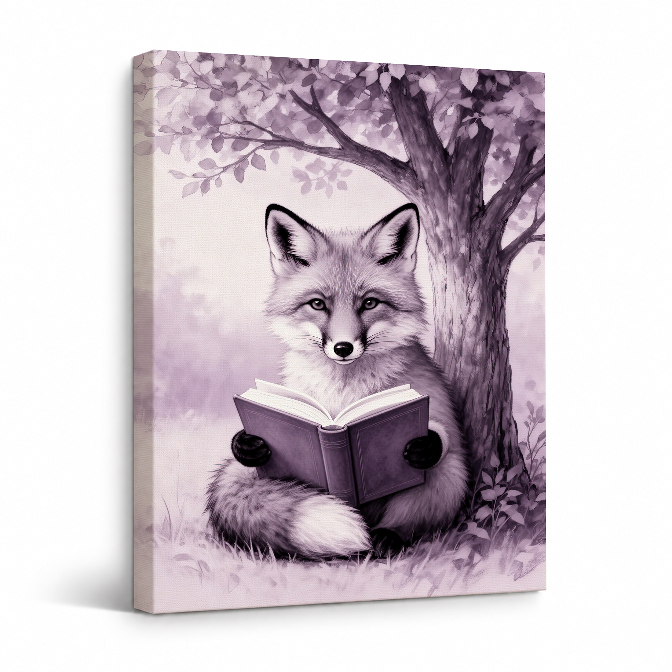 Whimsical Fox Reading Under Tree Framed Canvas Wall Art - Ready to Hang