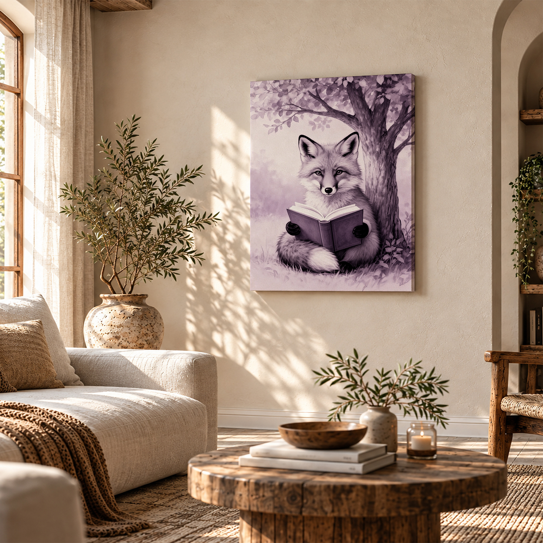 Whimsical Fox Reading Under Tree Framed Canvas Wall Art - Ready to Hang - Image 4
