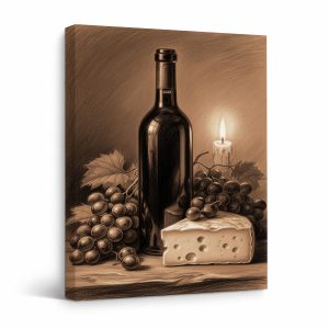Vintage Wine & Cheese Still Life Framed Canvas Wall Art Ready to Hang