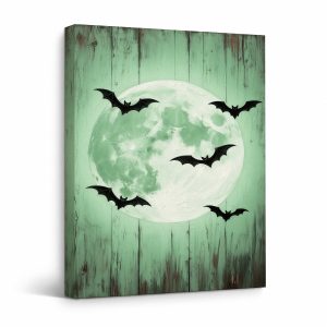 Halloween Bats & Moon Framed Canvas Wall Art - Rustic Green Decor