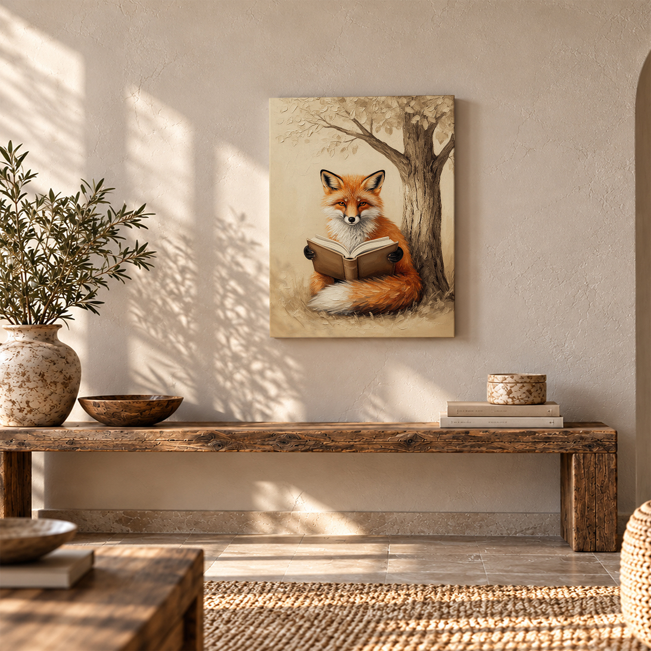 Fox Reading Book Under Tree Framed Canvas Wall Art - Image 5
