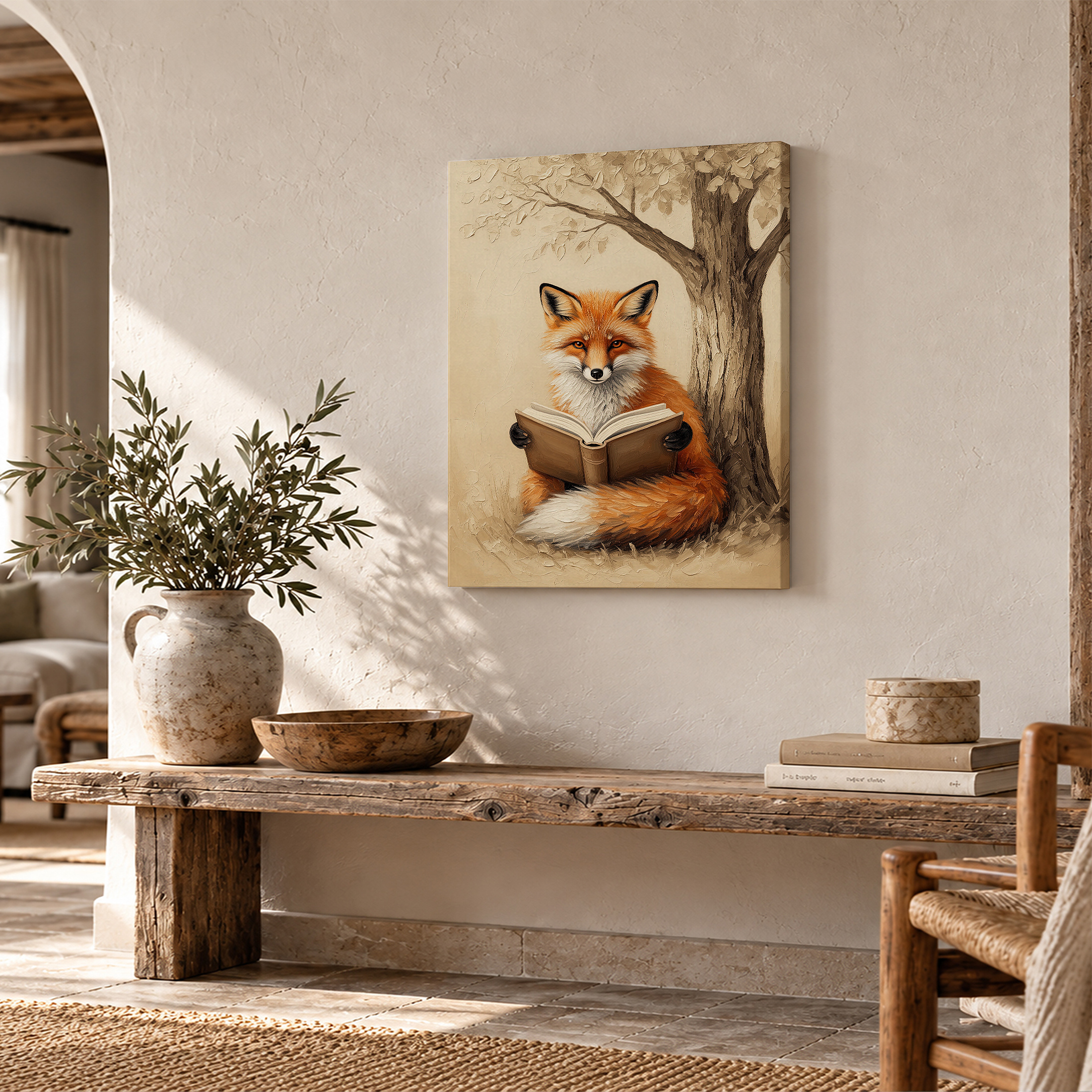 Fox Reading Book Under Tree Framed Canvas Wall Art - Image 2