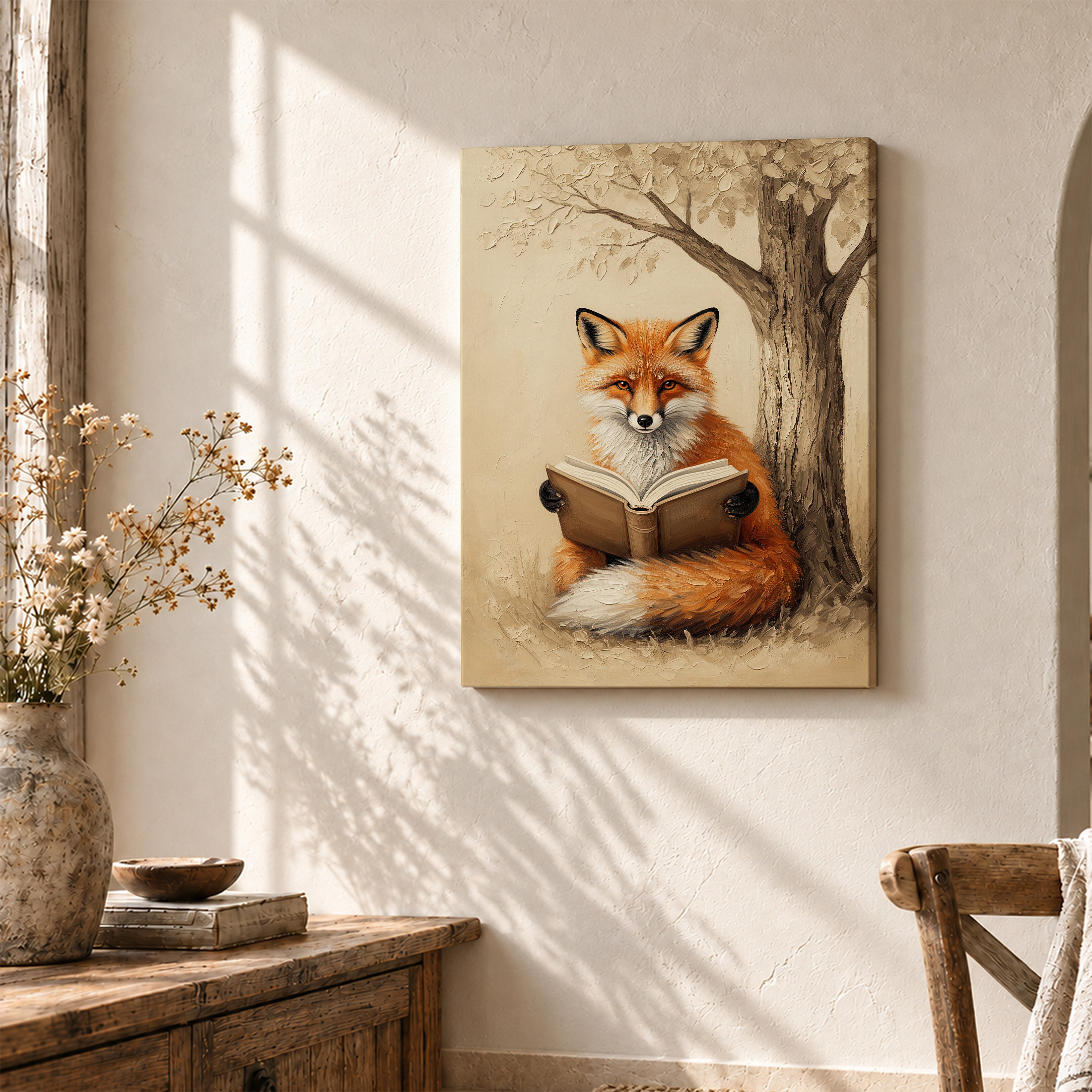 Fox Reading Book Under Tree Framed Canvas Wall Art - Image 3