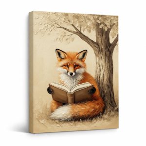 Fox Reading Book Under Tree Framed Canvas Wall Art