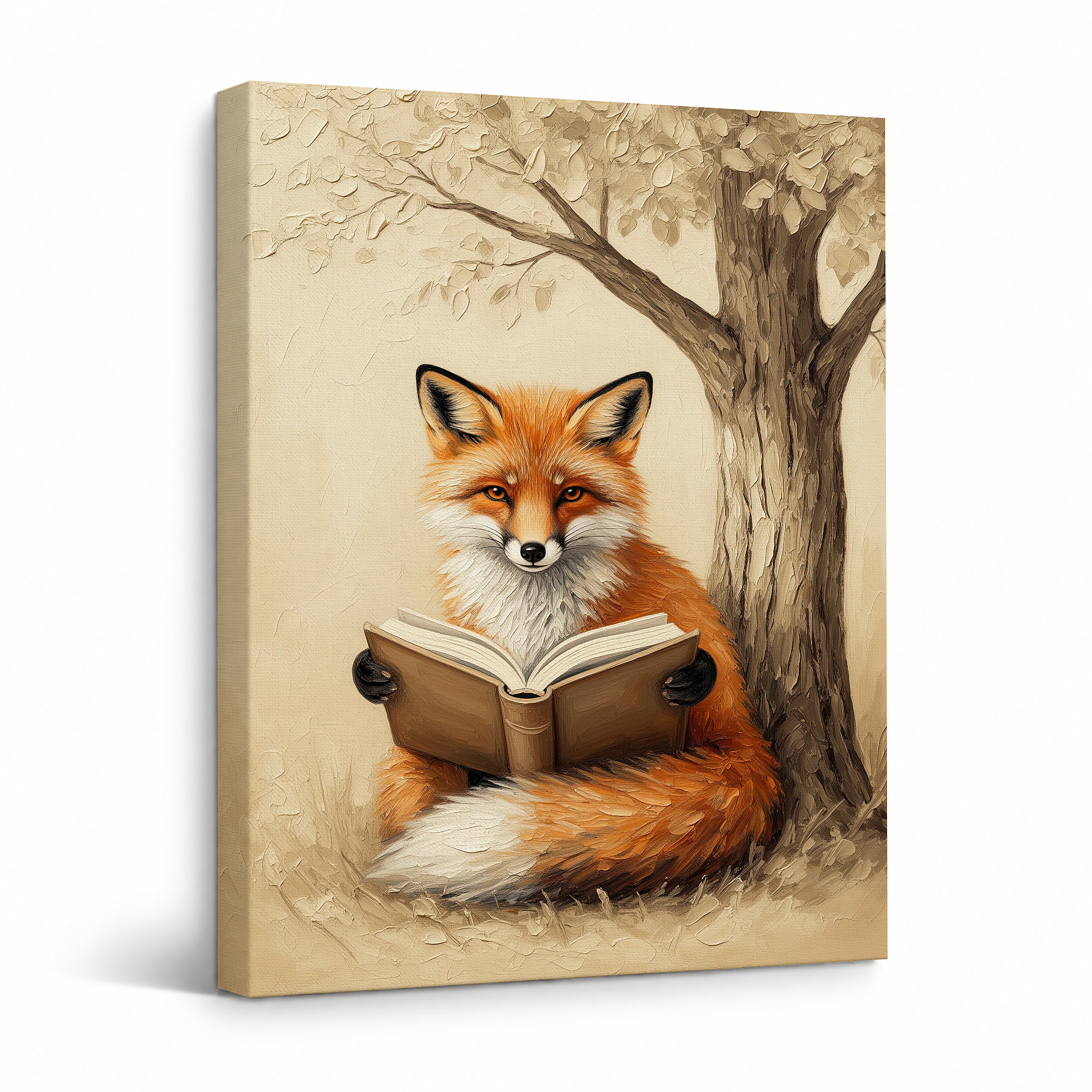 Fox Reading Book Under Tree Framed Canvas Wall Art