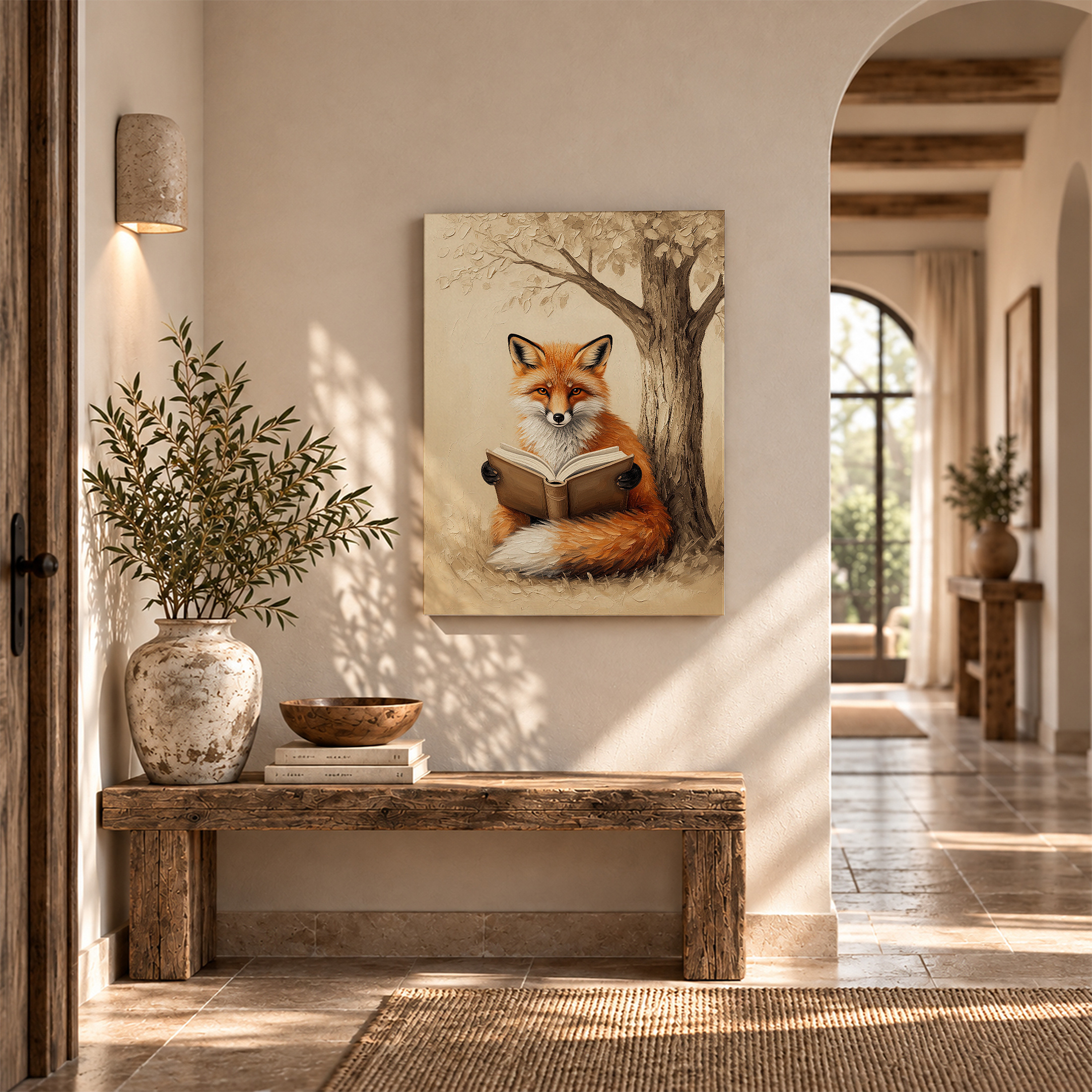 Fox Reading Book Under Tree Framed Canvas Wall Art - Image 6