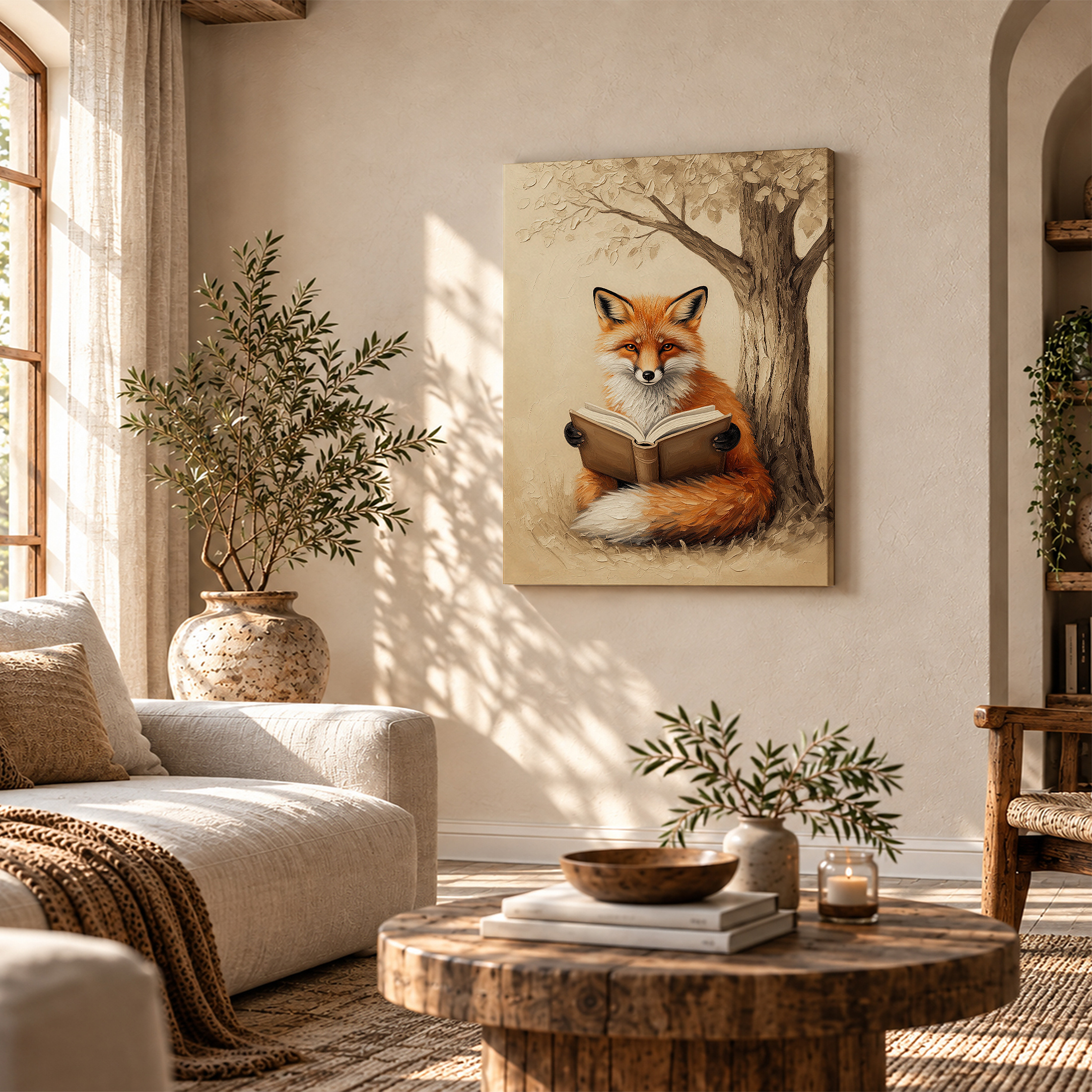 Fox Reading Book Under Tree Framed Canvas Wall Art - Image 4