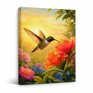 Hummingbird & Flowers Framed Canvas Wall Art - Vibrant Sunset Garden Decor