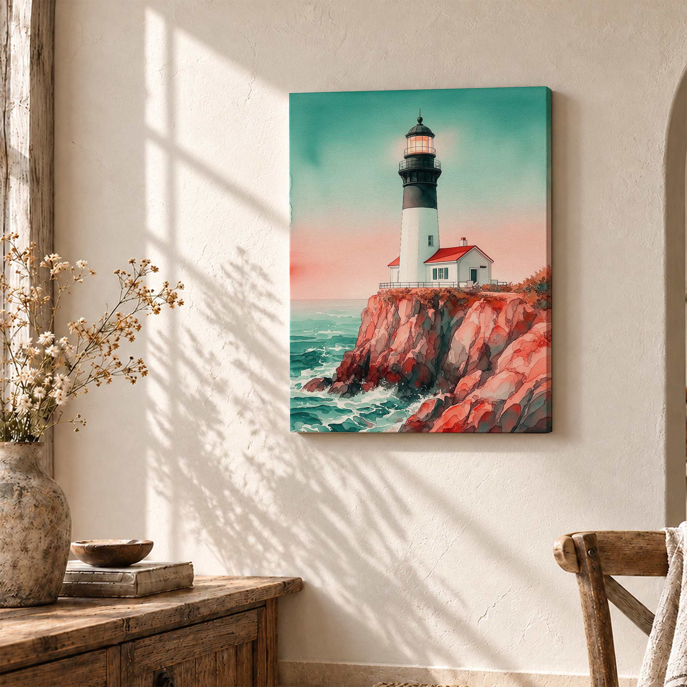 Coastal Lighthouse Sunset Framed Canvas Wall Art - Ready to Hang - Image 3