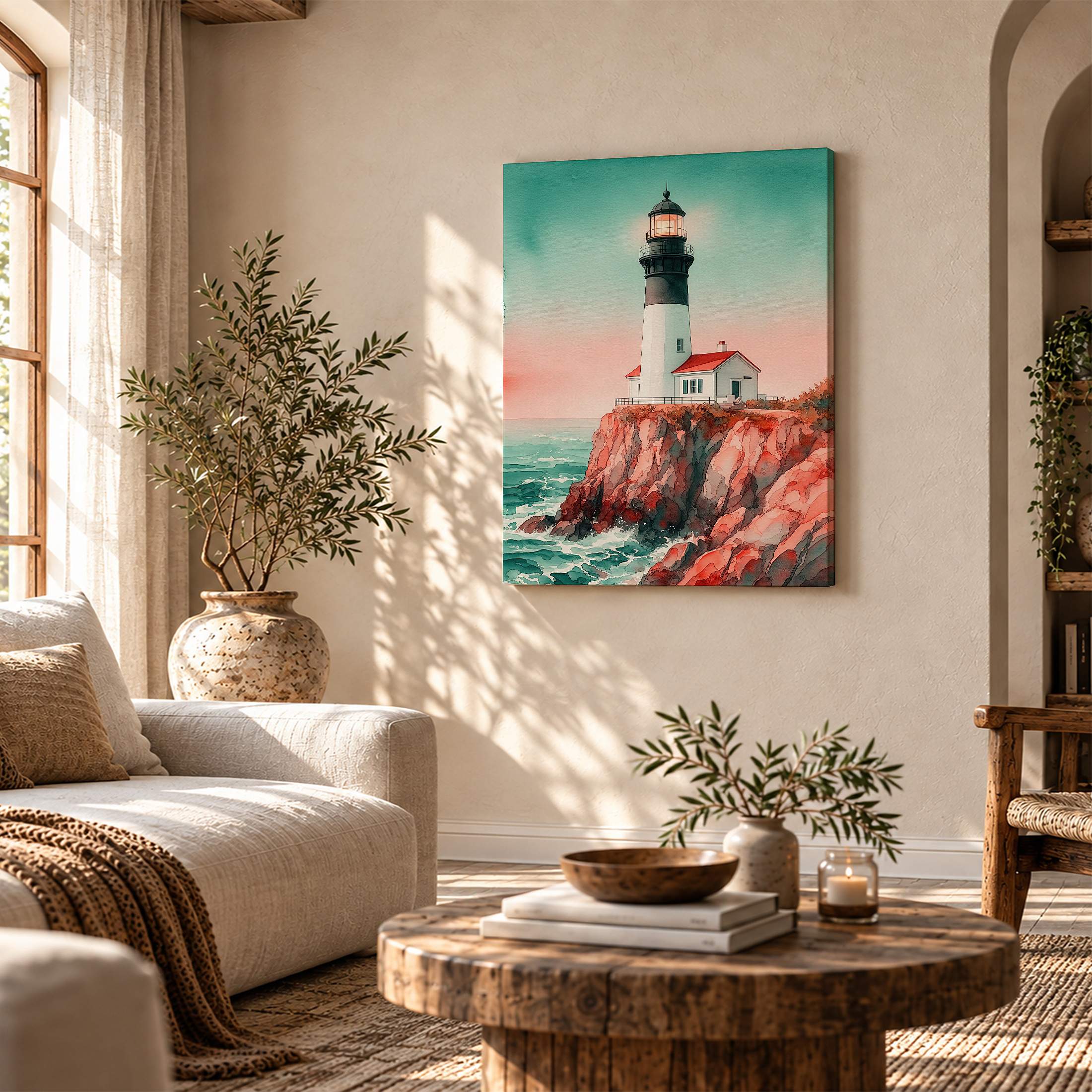 Coastal Lighthouse Sunset Framed Canvas Wall Art - Ready to Hang - Image 4