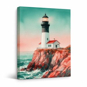Coastal Lighthouse Sunset Framed Canvas Wall Art - Ready to Hang